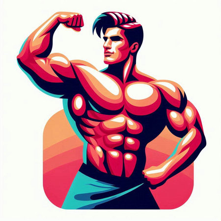 Bodybuilder flexing his muscles. Vector illustration. Isolated on white backgroundのイラスト素材