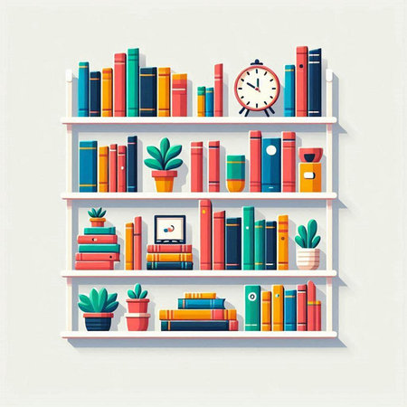 Bookshelf with books and decorations. Vector illustration in flat styleのイラスト素材