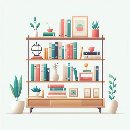 Bookshelf with books and plants. Vector illustration in flat styleのイラスト素材