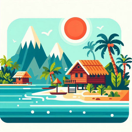 Flat design vector illustration of tropical beach and bungalows.のイラスト素材