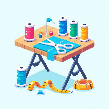 Sewing tools on the table. Sewing machine, scissors, thread, needles, measuring tape. Isometric vector illustration.のイラスト素材