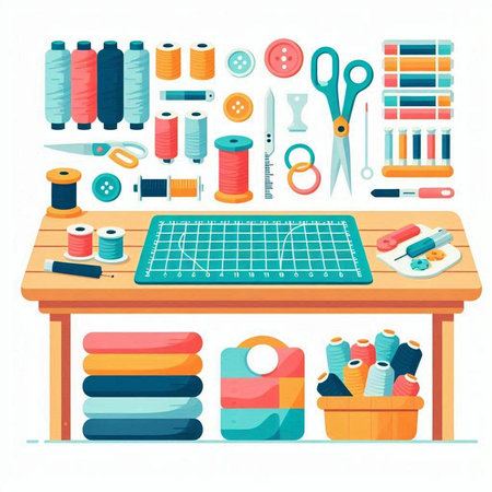 Sewing tools and accessories. Vector illustration in flat style.のイラスト素材