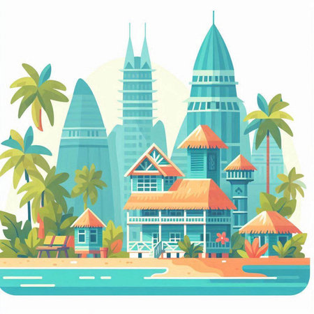 Palm trees and hotels on the beach. Flat style vector illustration.のイラスト素材