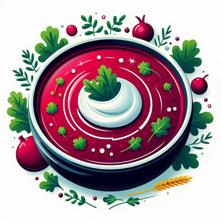 Vector illustration of a bowl of red beet soup with sour cream and herbsのイラスト素材