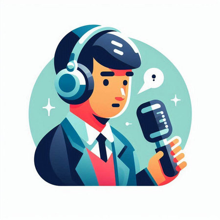 Operator with microphone and headphones. Vector illustration in flat style.のイラスト素材