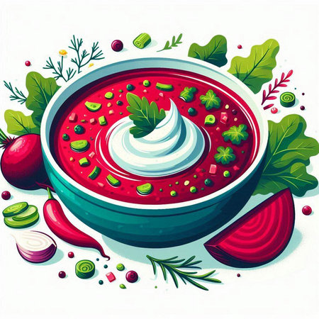 Vector illustration of a bowl of borscht with sour cream and vegetablesのイラスト素材