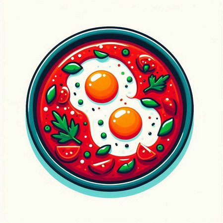 Fried eggs in a bowl of tomato sauce. Vector illustration.のイラスト素材