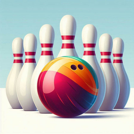 Bowling ball and skittles on blue background. 3D illustration.のイラスト素材