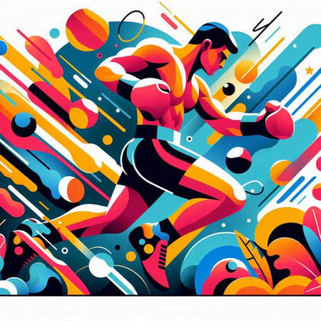 Vector illustration of a girl playing tennis on colorful background. Sport concept.のイラスト素材