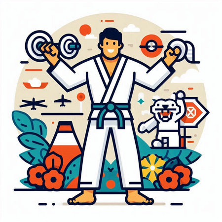 Tae Kwon Do. Vector illustration in flat linear style.のイラスト素材