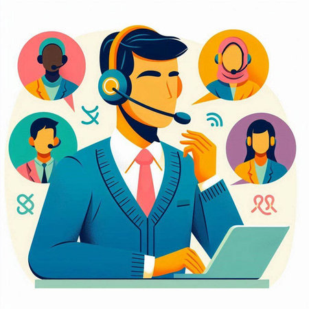 Call center operator with headset and laptop. Vector illustration in flat styleのイラスト素材