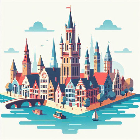 Flat style vector illustration of the famous old town of Gdansk, Poland.のイラスト素材