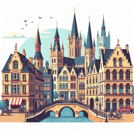 Cityscape of the old town of Bruges, Belgium. Vector illustrationのイラスト素材