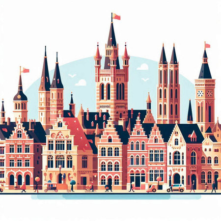 Bruges, Belgium. Cityscape with old buildings. Vector illustration.のイラスト素材