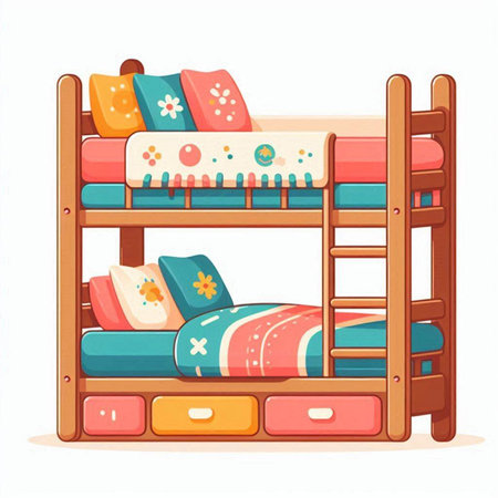 Bunk bed with pillows and cushions. Vector illustration.のイラスト素材