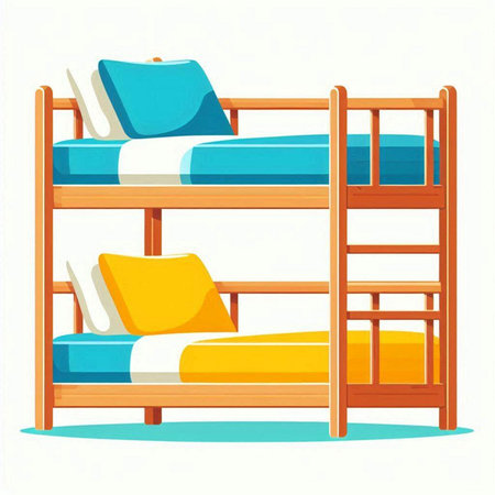 Wooden bunk beds with pillows and cushions. Vector illustration.のイラスト素材