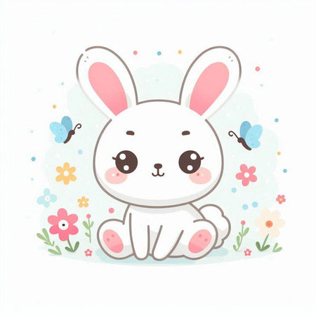 Cute bunny with flowers and butterflies on white background. Vector illustration.のイラスト素材