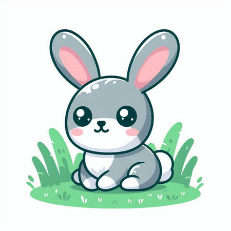 Cute cartoon bunny sitting on the grass. Vector illustration isolated on white background.のイラスト素材