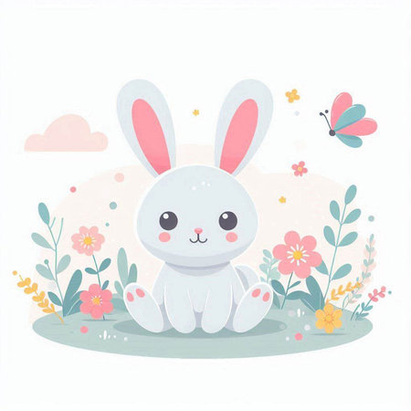 Cute rabbit with flowers and butterflies. Vector illustration in cartoon style.のイラスト素材
