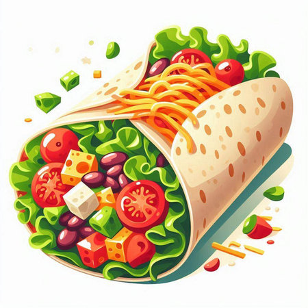 Tortilla wrap with fresh vegetables and cheese. Vector illustration.のイラスト素材