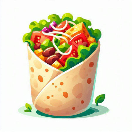 Tortilla wrap with salad, tomatoes, cheese and lettuce. Vector illustration.のイラスト素材