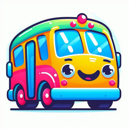 Cartoon school bus with smiling face. Vector illustration isolated on white background.のイラスト素材