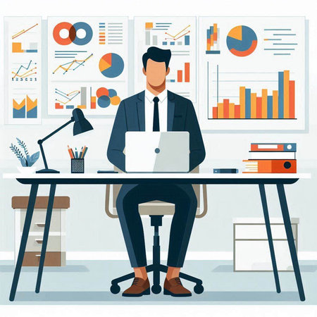 Businessman working on laptop in office. Vector illustration in flat styleのイラスト素材