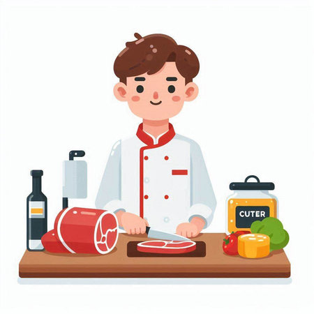 Chef in uniform cutting meat. Vector illustration in cartoon style.のイラスト素材