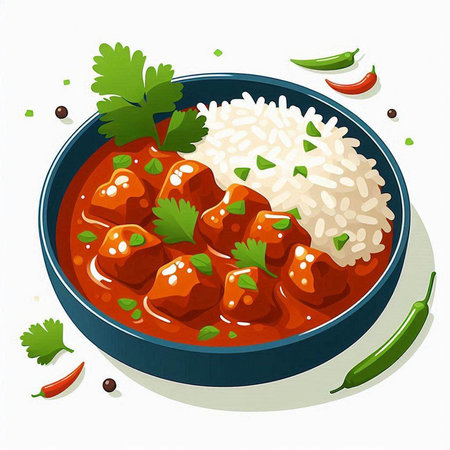 Rice with meatballs in tomato sauce. Vector illustration on white background.のイラスト素材