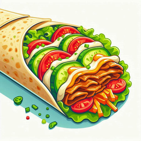 Tortilla wrap with tomato and cucumber. Vector illustration.のイラスト素材