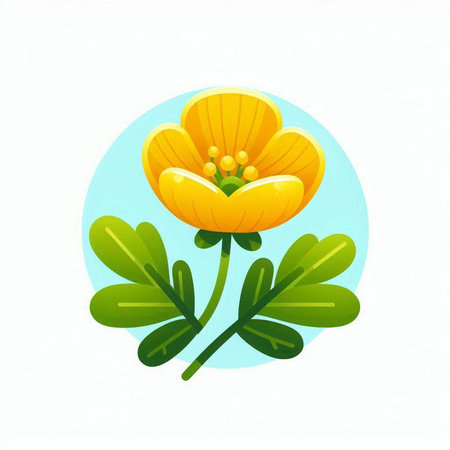 Illustration of a yellow flower with green leaves on a white backgroundのイラスト素材