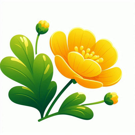 Illustration of a beautiful yellow flower with green leaves on a white backgroundのイラスト素材