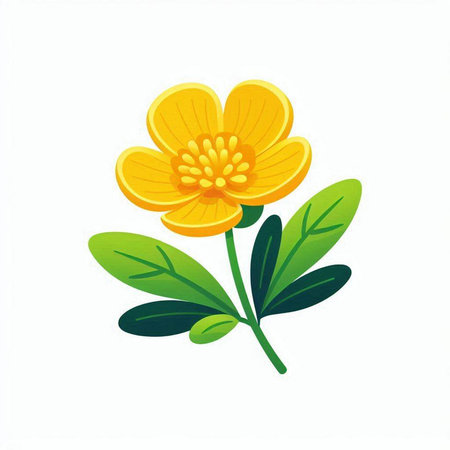 Cute yellow flower with green leaves isolated on white background. Vector illustration.のイラスト素材