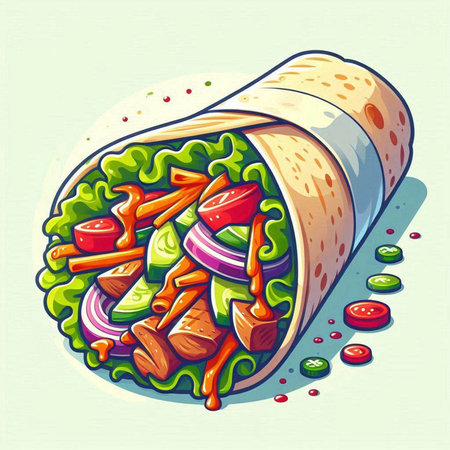 Illustration of a tortilla wrap with vegetables and meat on a light backgroundのイラスト素材