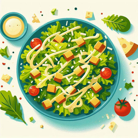 Salad with cheese and vegetables. Vector illustration in retro style.のイラスト素材
