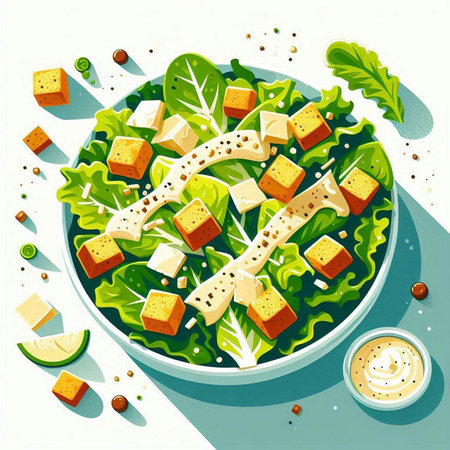 Salad with cheese, lettuce, arugula and tofu. Vector illustration.のイラスト素材