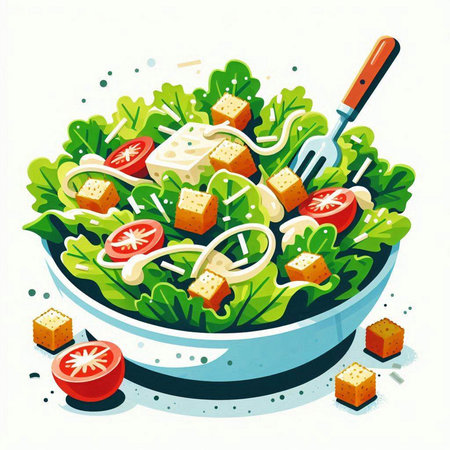 Salad with cheese, cherry tomatoes, cucumbers and lettuce. Vector illustration.のイラスト素材