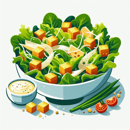 Salad with croutons, cheese and greens. Vector illustration.のイラスト素材