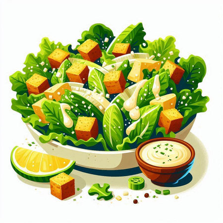 Salad with lettuce, cucumber and cheese. Vector illustration.のイラスト素材