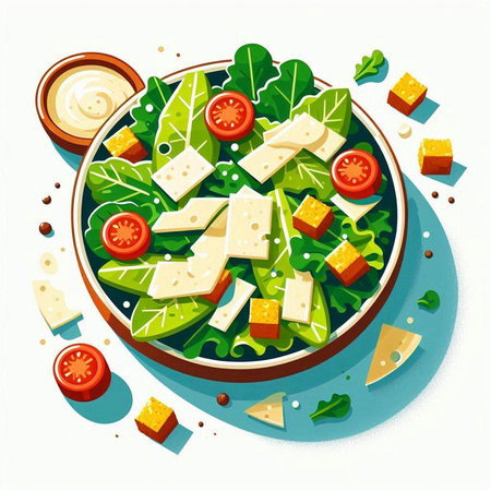 Salad with cheese, tomatoes, cucumbers and lettuce. Vector illustration.のイラスト素材