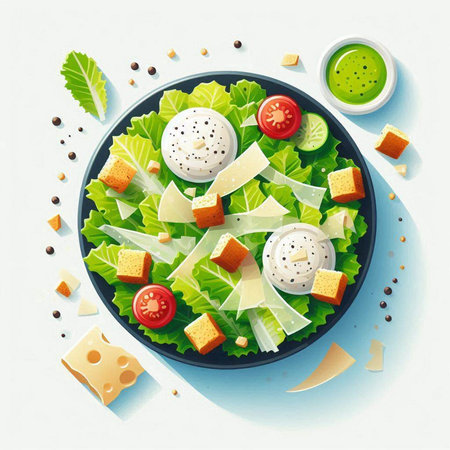 Salad with mozzarella cheese, tomatoes, olives and herbs. Vector illustrationのイラスト素材