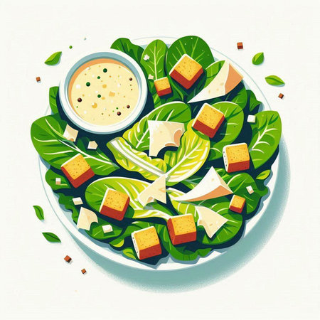 Fresh salad with cheese, herbs and sauce. Healthy food. Vector illustration.のイラスト素材