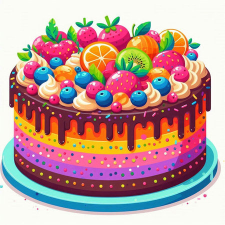 Vector illustration of a birthday cake with fruits and berries on top.のイラスト素材