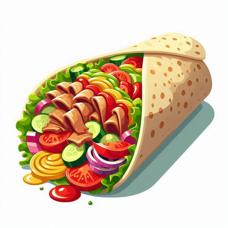 Tortilla with meat, tomato, onion and lettuce. Vector illustration.のイラスト素材