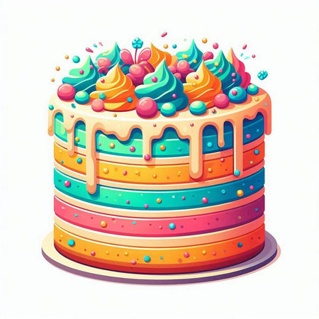 Colorful birthday cake isolated on white background. Vector illustration in cartoon style.のイラスト素材