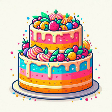 Birthday cake with berries. Vector illustration in flat cartoon style.のイラスト素材