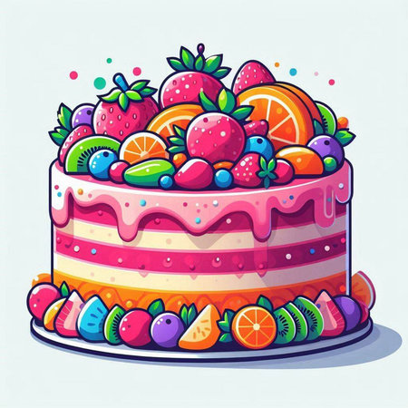 Birthday cake with fresh fruit. Vector illustration in cartoon style.のイラスト素材