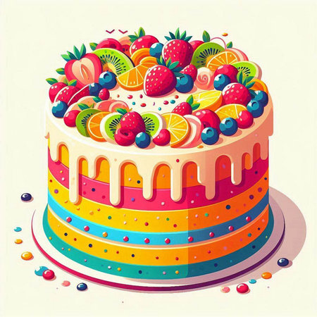 Birthday cake with berries and fruits. Vector illustration in retro style.のイラスト素材