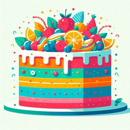 Birthday cake with fruits and berries. Vector illustration in flat style.のイラスト素材