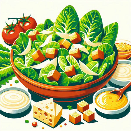 Vegetable salad with cheese and sauce in a bowl. Vector illustration.のイラスト素材